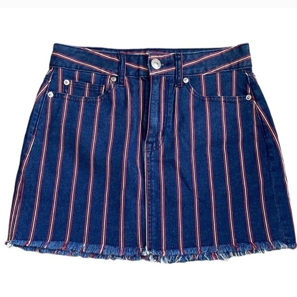 American Eagle AEO Dark Wash Denim Red Striped Mini Denim Jean Skirt Size 4 EUC - Picture 1 of 7